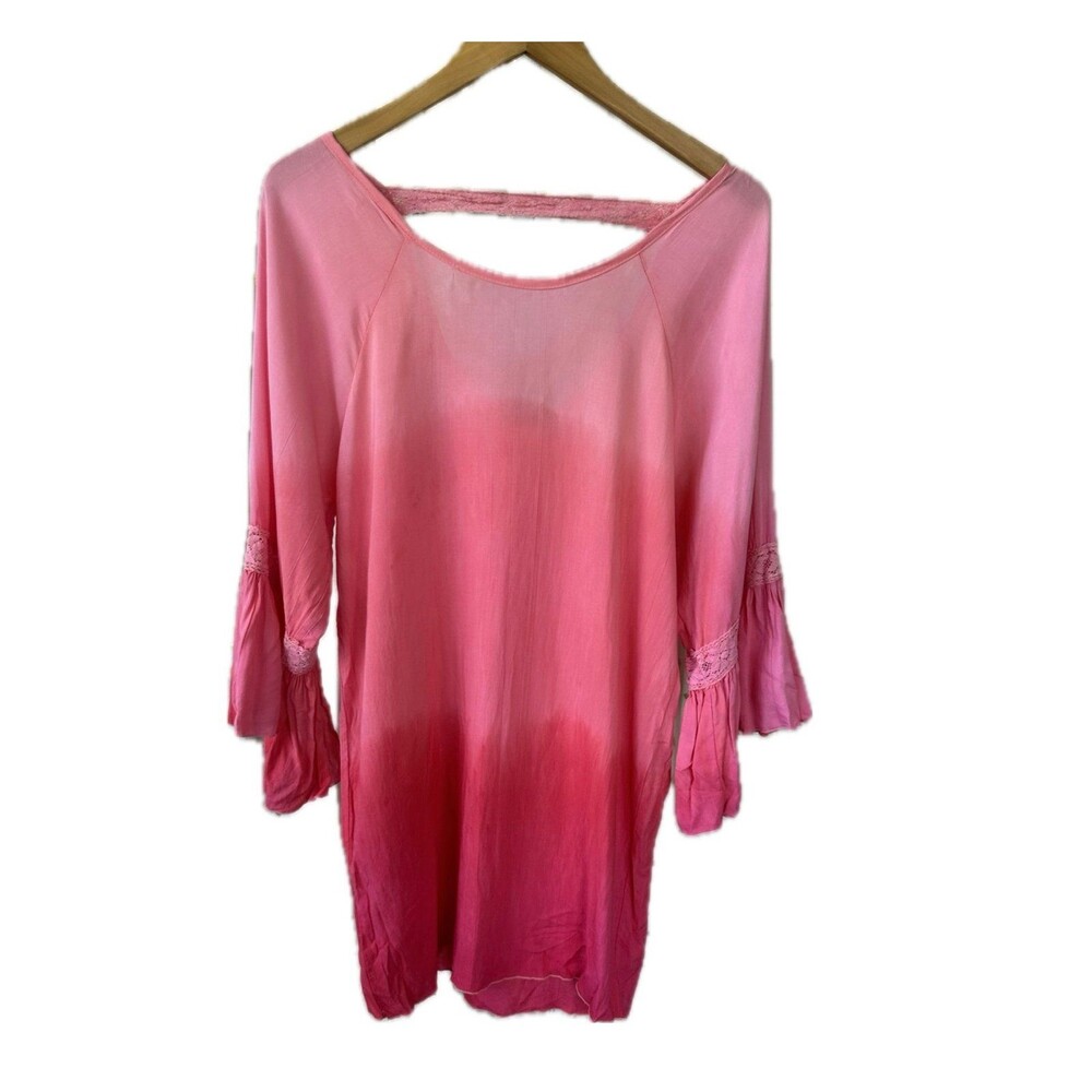 Bali Designs Ombre Quarter Bell Sleeve Lace Trim Kaftan Cover Up Dress S